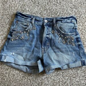 🦋 & Denim H&M High Waisted Shorts Bedazzled Jewel Beading Blue Summer Casual 8